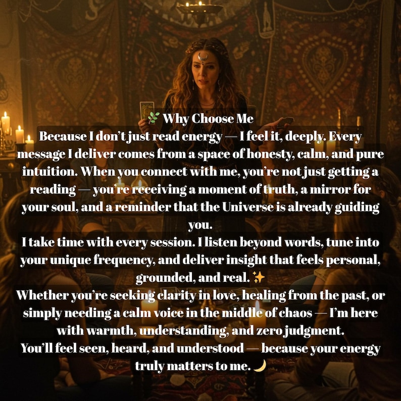 May include: An image featuring a woman holding a tarot card, with text overlayed. The text reads "Why Choose Me" and describes the services offered, including energy readings, intuition, and guidance. The background is dimly lit with candles.