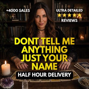 May include: A person with long dark hair wearing a black top, positioned behind a wooden table with tarot cards, a lit white candle, and a purple crystal. Text reads: +4000 SALES, ULTRA DETAILED REVIEWS, DONT TELL ME ANYTHING JUST YOUR NAME, HALF HOUR DELIVERY.