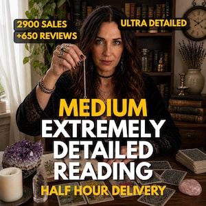 May include: A woman with long brown hair holds a pendulum, with text that reads "MEDIUM EXTREMELY DETAILED READING HALF HOUR DELIVERY". The image also includes text that reads "2900 SALES +650 REVIEWS" and "ULTRA DETAILED". Tarot cards and crystals are on the table.