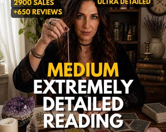 May include: A woman with long brown hair holds a pendulum, with text that reads "MEDIUM EXTREMELY DETAILED READING HALF HOUR DELIVERY". The image also includes text that reads "2900 SALES +650 REVIEWS" and "ULTRA DETAILED". Tarot cards and crystals are on the table.