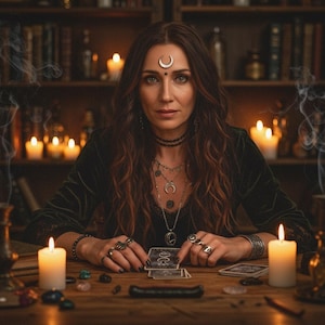 May include: A woman with long brown hair and a crescent moon headpiece sits at a wooden table, surrounded by candles and books. She is wearing a dark green velvet top and multiple necklaces. Tarot cards are laid out in front of her, suggesting a mystical theme.