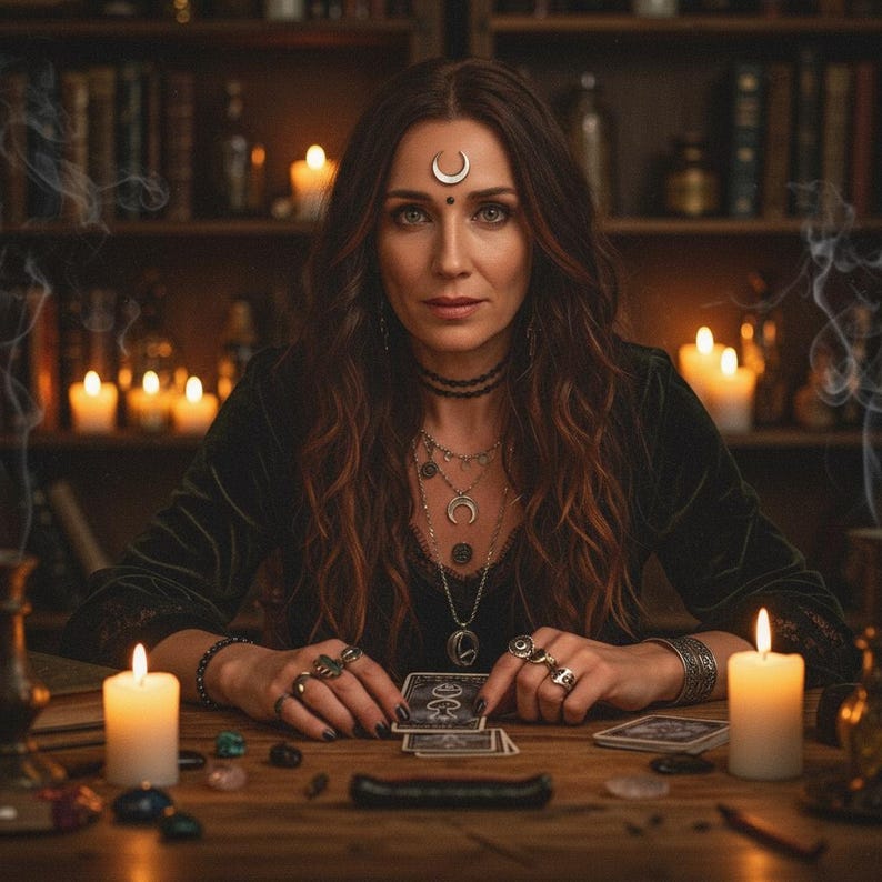 May include: A woman with long brown hair and a crescent moon headpiece sits at a wooden table, surrounded by candles and books. She is wearing a dark green velvet top and multiple necklaces. Tarot cards are laid out in front of her, suggesting a mystical theme.