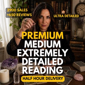 May include: A woman holding a chain, with text that reads "PREMIUM MEDIUM EXTREMELY DETAILED READING" in yellow and white. The image also includes text that says "2900 SALES +650 REVIEWS" and "ULTRA DETAILED". A clock and books are in the background.