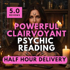May include: A woman with dark hair and a crescent moon symbol on her forehead is the central figure. The image displays the text "POWERFUL CLAIRVOYANT PSYCHIC READING" and "HALF HOUR DELIVERY". The text "5.0 REVIEWS" is also visible.