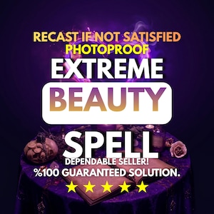 Può includere: Una pubblicità con le parole "RECAST IF NOT SATISFIED PHOTOPROOF EXTREME BEAUTY SPELL DEPENDABLE SELLER! %100 GUARANTEED SOLUTION." L'immagine presenta un tavolo con un libro, stelle e oggetti decorativi su sfondo scuro.