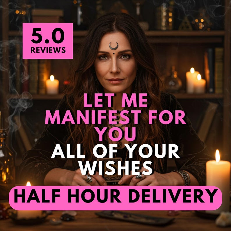 May include: An image featuring a woman with long brown hair, adorned with a crescent moon symbol on her forehead. The text overlay reads "LET ME MANIFEST FOR YOU ALL OF YOUR WISHES HALF HOUR DELIVERY" and "5.0 REVIEWS". Lit candles and books are in the background.