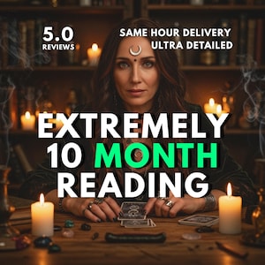 Puede incluir: Imagen de una mujer con cabello castaño largo, joyas y un símbolo de media luna en la frente. El texto en la imagen dice "EXTREMELY 10 MONTH READING", "5.0 REVIEWS", "SAME HOUR DELIVERY" y "ULTRA DETAILED".