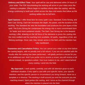 May include: A red and white document with text about a white magic spell, including details on delivery time, spell options, guarantee, and approach. The document is signed by Medium Gwen.