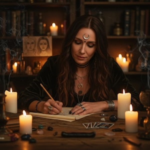 May include: A woman writing on parchment at a wooden table, surrounded by lit candles and mystical items. She wears a crescent moon headpiece, necklaces, and rings. Smoke curls around the scene, creating a mysterious atmosphere. Bookshelves are in the background.