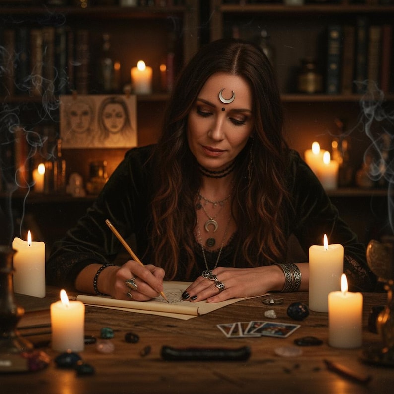 May include: A woman writing on parchment at a wooden table, surrounded by lit candles and mystical items. She wears a crescent moon headpiece, necklaces, and rings. Smoke curls around the scene, creating a mysterious atmosphere. Bookshelves are in the background.