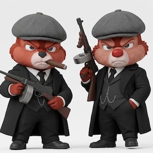 Könnte beinhalten: Zwei anthropomorphe Streifenhörnchen-Figuren in schwarzen dreiteiligen Anzügen, Mänteln und grauen Schiebermützen. Beide Figuren haben ernste Gesichtsausdrücke, eine hält eine braune Zigarre und beide tragen Maschinenpistolen im Vintage-Stil.