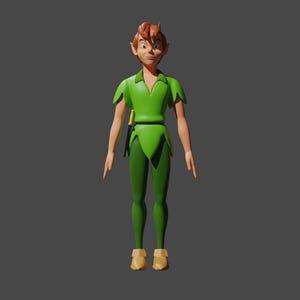 May include: A 3D rendered cartoon character of Peter Pan, wearing a green tunic and leggings with a matching hat. The character has red hair and tan skin, and is standing against a gray background.