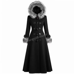 May include: A long black coat with a faux fur-lined hood and cuffs. The coat has toggle fastenings down the front and on the sleeves. The text "the epoch studio" is visible on the coat.