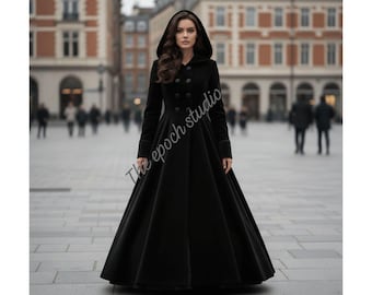 Long Hooded Wool Coat Fot Women, Gothic Winter Maxi Dress