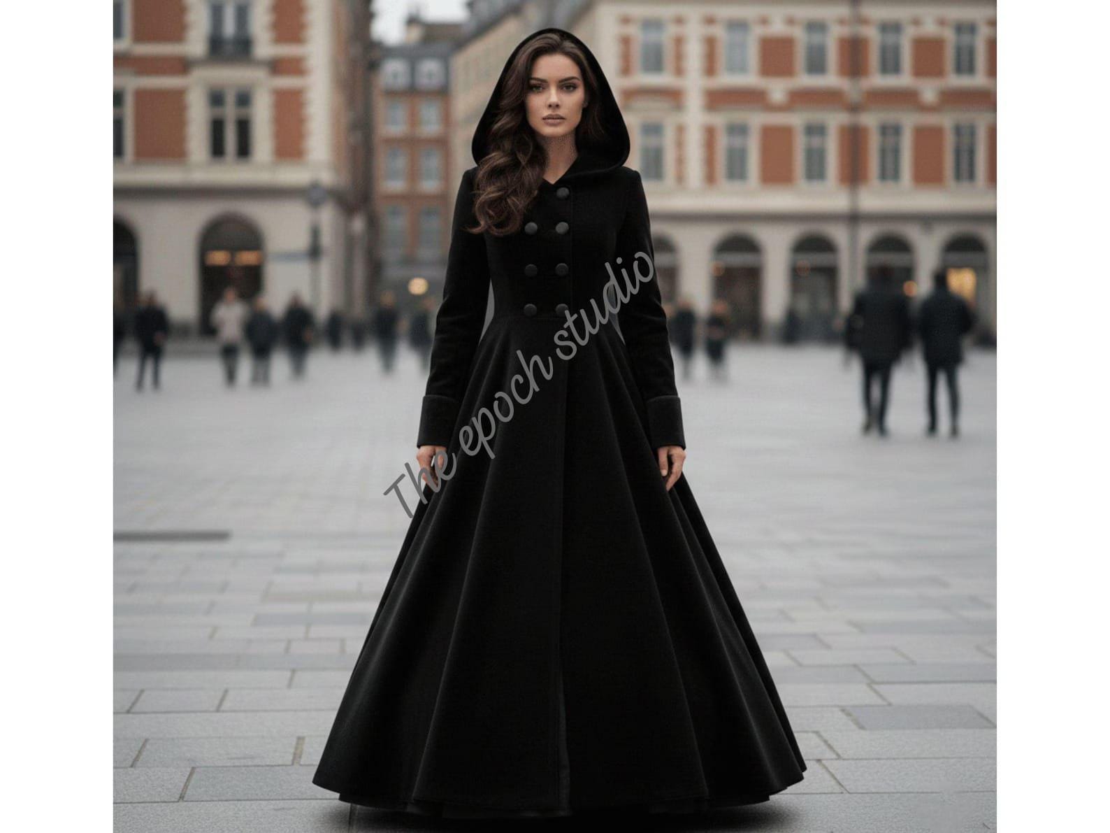 Long Hooded Wool Coat Fot Women, Gothic Winter Maxi Dress