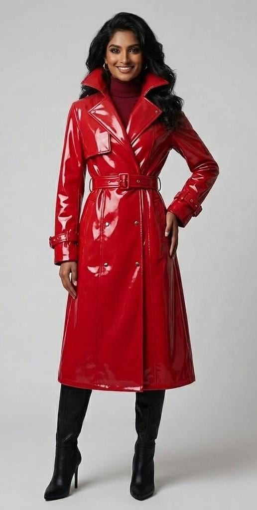 ジャケット・アウター TornadoMart Red Leather Belted Long Coat Red Patent Leather Trench Coat - Glossy Vinyl Long Jacket