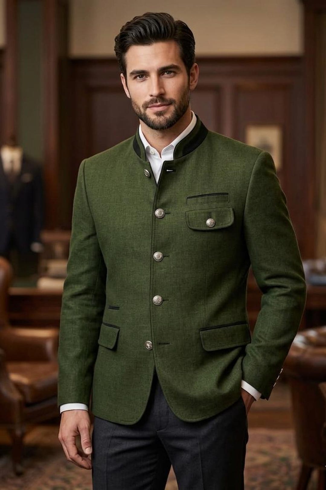 Green Austrian Trachten Jacket, Mens Tyrolean Wool Blazer