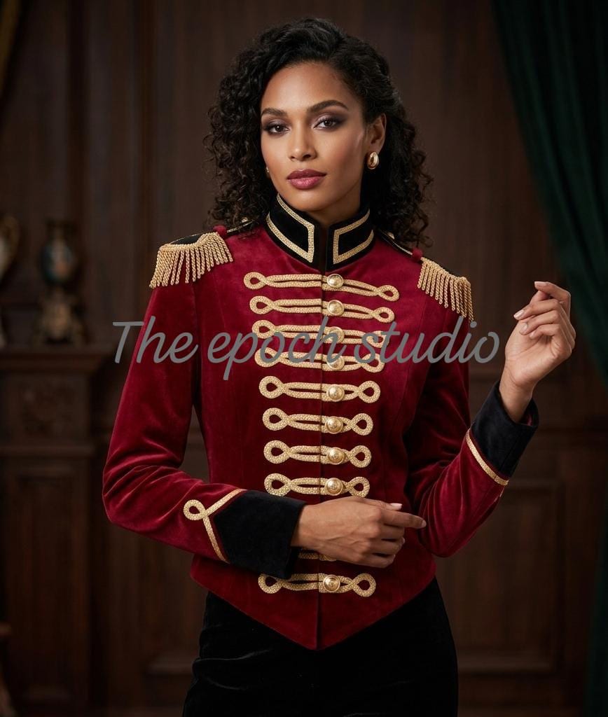 Women's Red Velvet Hussar Jacket - Military Style Tunic with Gold Embroidery & Epaulettes