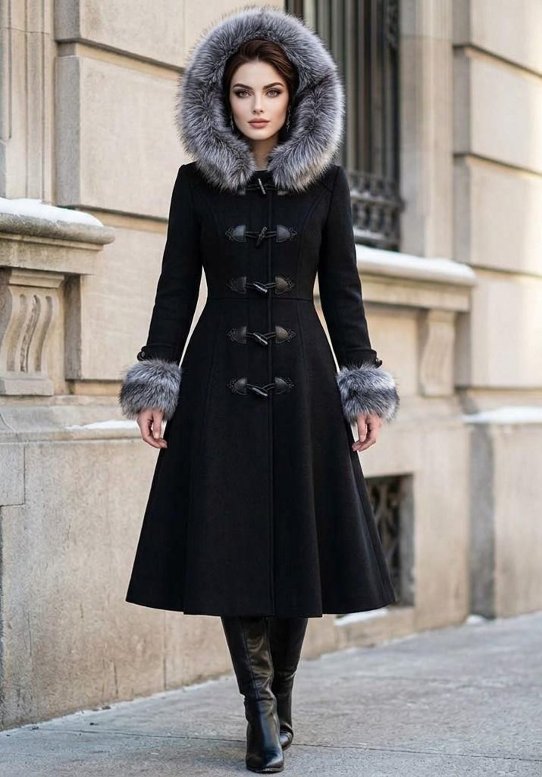 Gothic Victorian Wool Coat, Faux Fur Hood, Black Long Winter