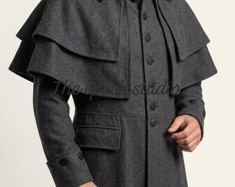 Men's Gray Wool Victorian Inverness Cape Coat - Historical Regency Greatcoat - Gothic Steampunk Jacket