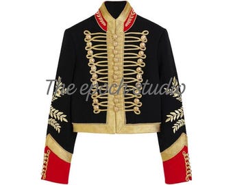 Military Hussar Parade Jacket, Black & Gold Embroidery Officer Jacket, Napoleonic Uniform for Men