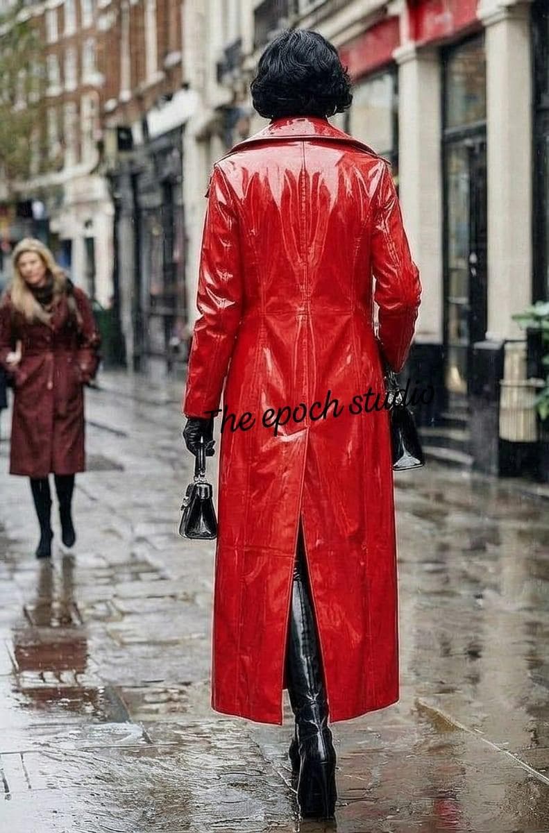 Red Patent Vinyl Trench Coat - High-shine Glossy Long Raincoat