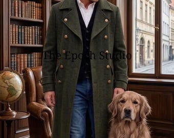 Könnte beinhalten: Ein langer olivgrüner Mantel aus Wollmischgewebe mit doppelreihigen goldenen Knöpfen, getragen über einer schwarzen Strickjacke, einem weißen Hemd und einer blauen Jeans. Der Text The Epoch Studio ist in der Mitte zu sehen. Ein Golden Retriever sitzt daneben.