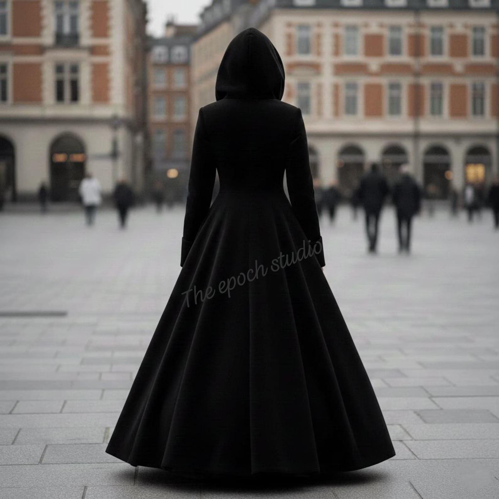 Long Hooded Wool Coat Fot Women, Gothic Winter Maxi Dress