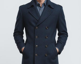 メンズ ネイビーブルー ウール ダブルブレスト オーバーコート – The