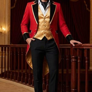May include: A red tailcoat jacket with black lapels and gold trim, worn over a gold button-up waistcoat, a white collared shirt with a black cravat, and black trousers. The ensemble is completed with black leather boots, creating a formal look.