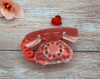 Cute Old Pink Phone Hair Claw Clip | Retro Vintage Telephone Hair Accessory