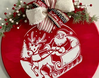 Letrero redondo de 45 cm (18") pintado a mano para puerta de entrada / Decoración de bienvenida para porche resistente a la intemperie / Santa