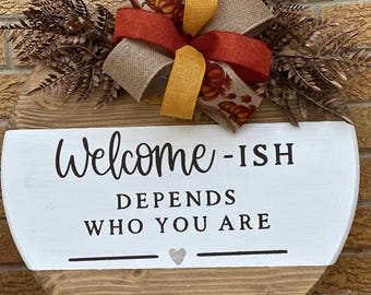 Colgador de puerta de madera pintado a mano / Letrero redondo de 45 cm para puerta de entrada / Decoración de bienvenida para porche sellada / Regalo listo para enviar / Bienvenido