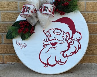 Colgador de puerta de madera pintado a mano / Letrero redondo de 45 cm para puerta de entrada / Decoración de bienvenida para porche sellada / Regalo listo para enviar / ¡Ho Ho Ho! / Papá Noel