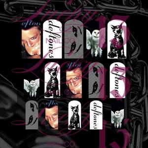 May include: A set of nail decals featuring black and white imagery including a person's face, the text Deftones, a white owl, and a yawning cat. The designs are arranged in a grid pattern against a dark background with a large chain link graphic.