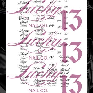 May include: A white sheet of nail art decals featuring pink text and graphics. The design includes the words Lucky, Chaos, Love, Bittersweet, Angel, Paradise, Desire, Lover girl, Fuck off, Fuck you, fear of dying, born to die, Deja Vu, Adore me, you wish, Divine, Blessed, etherial, miss me, the number 13, and sequences of repeating numbers like 111 through 999. The text NAIL CO. appears twice.