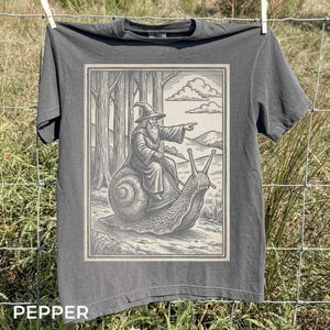 May include: A gray t-shirt with a whimsical graphic of a wizard riding a snail, pointing forward. The illustration is in a framed, vintage style, with trees and clouds in the background. The word "PEPPER" is printed at the bottom.