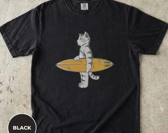 Funny Surfing Cat Shirt, Surfer Gift, Cat Lover Shirt, Beach Cat Shirt, Surf Lover Gift, Retro Beach Shirt, Beach Lover Gift, Surfer Shirt