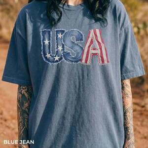 Shirt met faux denim patch VS, shirt Memorial Day, Independence Day Graphic Tee, shirt patriottische 4 juli, retro feestcadeau, Amerikaanse vlag