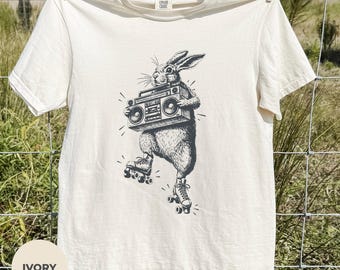 Roller Skating Bunny Shirt, Retro Rabbit Tee, Boombox Animal Graphic, Roller Derby Gift, Skater Bunny Shirt, Old School Dance Party Tee