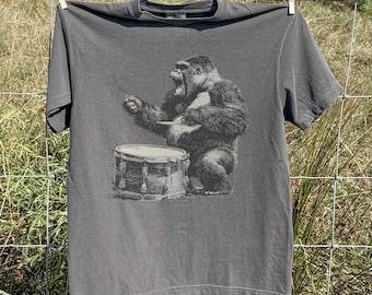Gorilla Drummer Shirt Vintage Animal Graphic Tee, Funny Music Lover Gift, Roaring Ape Drum Art Tee, Retro Jungle Band Music Shirt Tee
