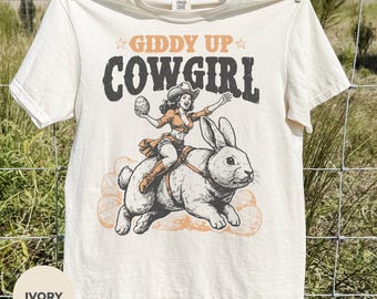 Western Easter Shirt, Cowgirl Bunny Tee, Giddy Up Cowgirl Graphic, Funny Rabbit Rodeo Gift, Vintage Easter Cowgirl Shirt for Women
