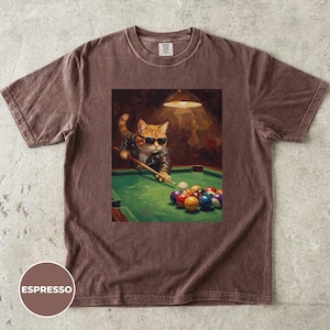 Peut inclure: Un t-shirt marron à manches courtes avec une impression graphique représentant un chat orange portant une veste en cuir noir et des lunettes de soleil, tenant une queue de billard sur une table verte avec des boules colorées. Étiquette ESPRESSO.