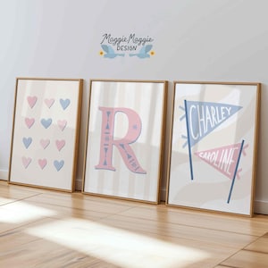 Light Pink Powder Blue Personalized Set of 3 Wall Art Set Minimal Floral Dorm Decor Bedroom Preppy Art for Bedroom Love Shack Fancy College