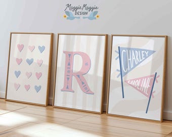 Light Pink Powder Blue Personalized Set of 3 Wall Art Set Minimal Floral Dorm Decor Bedroom Preppy Art for Bedroom Love Shack Fancy College
