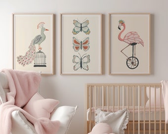 Wall Art, Butterfly, Flamingo, Peacock, Nursery Decor, Baby Girl Nursery Art, Flower Art, Set of 3, Baby Room Decor, Decor for Girl Room