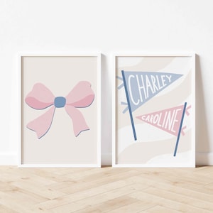 Pale Pink Light Blue Personalized Set of 2 Wall Art Set Coquette Preppy Art for Bedroom Love Shack Fancy Dorm Room Art College Cowboy Boot