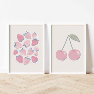 Pale Pink Light Blue Personalized Set of 2 Wall Art Set Strawberries Cherry for Bedroom Love Shack Fancy Dorm Room Art College Disco Ball