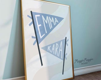 Blue Personalized Dorm Wall Art Minimal Floral Dorm Decor for Teen & College Girls Feminine Art for Bedroom or Dorm Room Personalized