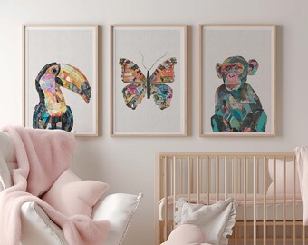 Butterfly, Monkey, Toucan, Nursery Decor, Baby Girl Nursery Art, Set of 3, Animals, Baby Room Decor, Decor for Girl Room, Wall Art, Collage